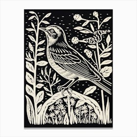 B&W Bird Linocut Lark 2 Canvas Print