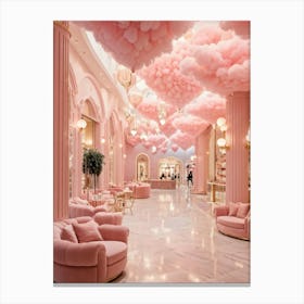 Whimsical Mall Interior Embraces Dreamy Fantasy Ambiance Rose Tinted Clouds Hanging From Ceilings A Canvas Print