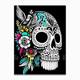 Skull With Bird Motifs 1 Colourful Doodle Canvas Print