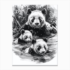 Giant Panda Family Swimming In A River Ink Illustration 4 Canvas Print