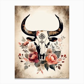 Vintage Boho Bull Skull Flowers Painting (46) Canvas Print