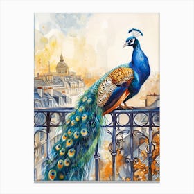 Watercolour Peacock On An Iron Balcony 1 Canvas Print