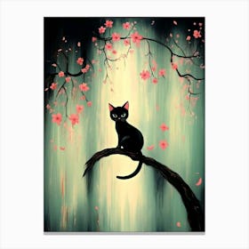 Black Cat On A Cherry Blossom Tree Canvas Print