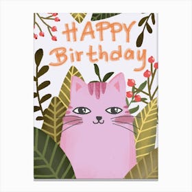 Happy birthday cute pink cat artwork Canvas Print