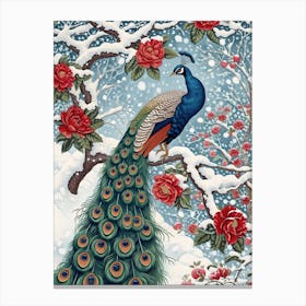 Peacock Snow Scene Vintage 2 Canvas Print