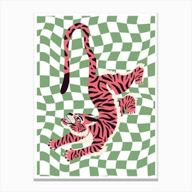 Tiger On Green Checkered Pattern Canvas Print