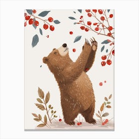 Brown Bear Standing And Reaching For Berries Storybook Illustration 3 Canvas Print