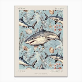 Pastel Blue Great White Shark Watercolour Seascape 1 Poster Canvas Print