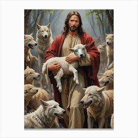 Jesus Saving Sheep From Wolves - Ai Canvas Print