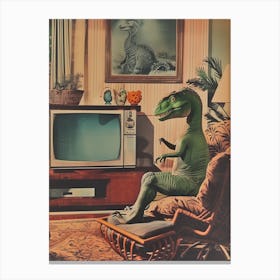 Retro Collage Dinosaur Watching Tv 1 Canvas Print