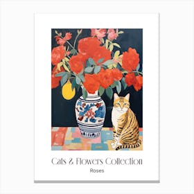 Cats & Flowers Collection Rose Flower Vase And A Cat, A Painting In The Style Of Matisse 11 Canvas Print
