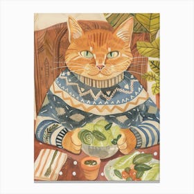 Tan Cat Eating A Salad Folk Illustration 3 Canvas Print