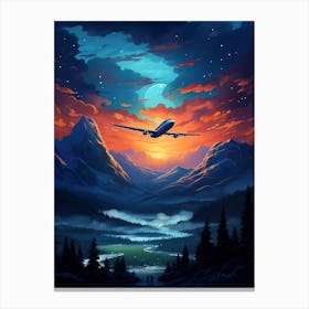 Airplane Travel Over Mountains with Sunset Sky Canvas Print