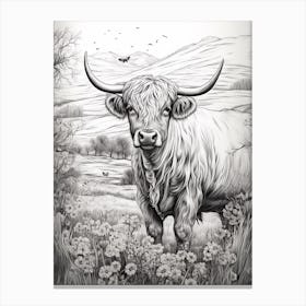 Black & White Illustration Of Highland Cow With Daisies Canvas Print