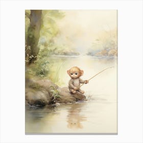 Monkey Painting Fishing Watercolour 1 Canvas Print