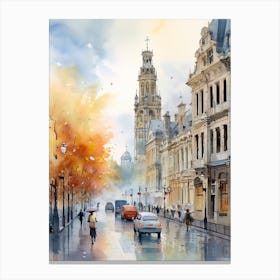 Brussels Belgium In Autumn Fall, Watercolour 3 Canvas Print