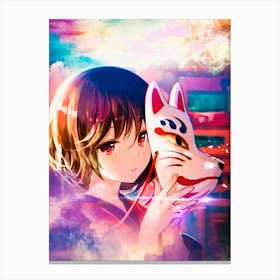 Anime Girl Holding A Cat Mask Canvas Print