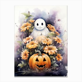 Cute Bedsheet Ghost, Botanical Halloween Watercolour 151 Canvas Print