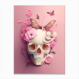 Skull With Butterfly Motifs Pink 1 Vintage Floral Canvas Print