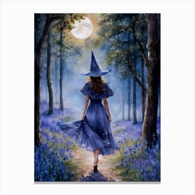A Witch in Bluebell Woods - Watercolor witchy art by Lyra the Lavender Witch - Spring Pagan Ostara Beltane Wicca Wheel of the Year Gallery Feature Wall - Fairytale Blue Indigo Fairycore Fairy Magick Forest Fairytale Magical Full Moon Lunar Goddess HD Canvas Print