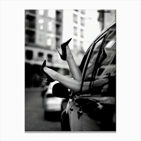 High Heels Woman In Car, Feminist Black And White Luxury Fashion Canvas Print