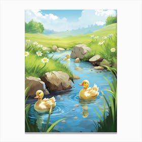 Animated Ducklings Swimming In The River 1 Canvas Print