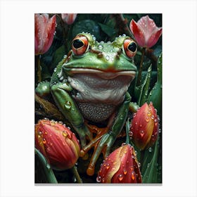 Frog with tulips Canvas Print