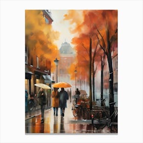 Amsterdam cafes, autumn season, rain, autumn oil colours.Faded colours,People passing on the street, winter clothes, rain umbrellas.3 2 Canvas Print