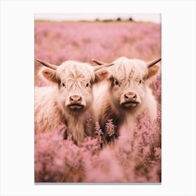 Two Highland Cows Pink Portrait 3 Canvas Print