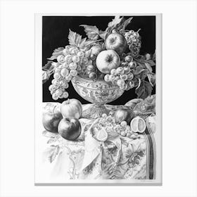 Black & White Illustration Of A Decadent Fruit Bowl Canvas Print