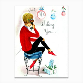 Young Woman In Christmas Mood Talking On A Phone Canvas Print