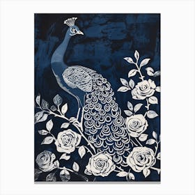 Navy Linocut Inspired Peacock With The Roses 2 Canvas Print