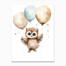 Baby Owl Flying With Ballons, Watercolour Nursery Art 2 Canvas Print