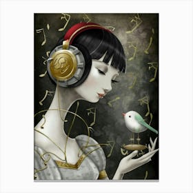 Girl With Headphones And A Bird 1 Canvas Print