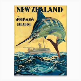 Jumping Swordfish In New Zealand, Vintage Travel Poster Canvas Print
