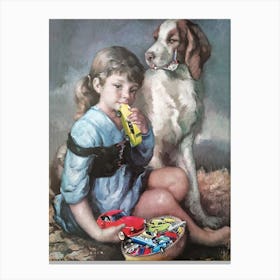 Little girl & toy car Dog Canvas Print