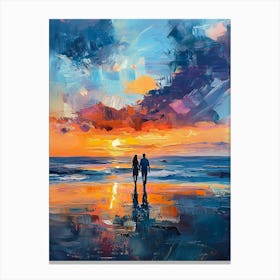 Couple Walking On The Beach At Sunset Canvas Print