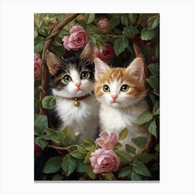 Two Kittens In Roses Canvas Print