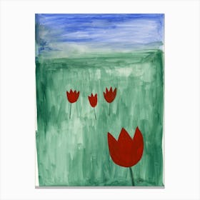 Red Geometric Tulips On Green - nature floral naive geometric vertical Canvas Print