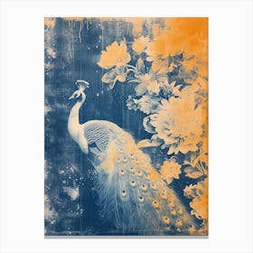 White Orange Blue Cyanotype Inspired Peacock 2 Canvas Print