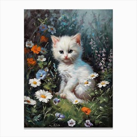 White Kitten In Field Of Daisies Rococo Inspired 2 Canvas Print