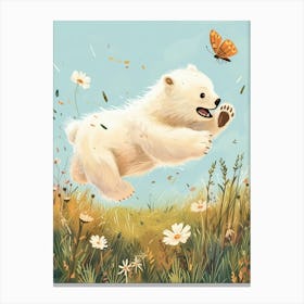 Polar Bear Cub Chasing After A Butterfly Storybook Illustration 3 Canvas Print