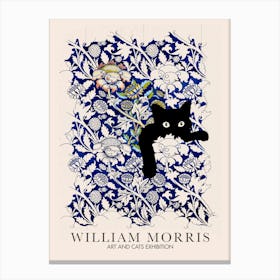 William Morris Peekaboo Cat Watercolour Blue Flower Botanical Canvas Print