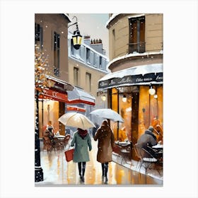 Paris cafes, winter season, Christmas, autumn oil colors, pale colors, pedestrians in the street, winter clothes, falling snow.Christmas decorations.4 Canvas Print