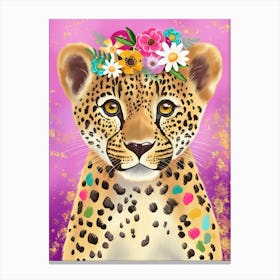 Leopard with flowers on a pink background Canvas Print