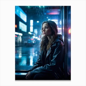 Pensive Woman Seated At A Rainy Bus Shelter Neon Lights Casting A Glow On Her Face Water Droplets Canvas Print