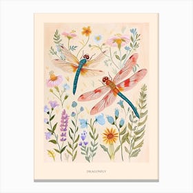 Folksy Floral Animal Drawing Dragonfly Poster Canvas Print