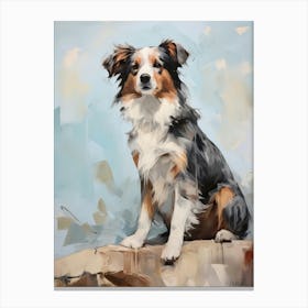 Australian Shepherd Dog, Painting In Light Teal And Brown 1 Canvas Print