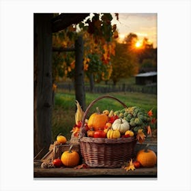 An Inviting Rustic Farm With Vegetables Like Corn Pumpkins Squash Elegantly Arranged In A Wooden B (4) Canvas Print