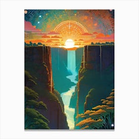 Mandala Sunset Over A Waterfall - Trippy Abstract Cityscape Iconic Wall Decor Visionary Psychedelic Fractals Fantasy Art Cool Full Moon Third Eye Space Sci-fi Awesome Futuristic Ancient Paintings For Your Home Gift For Him Yoga Meditation Room Canvas Print